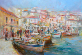 Naklejki Boats on the island harbor,handmade painting