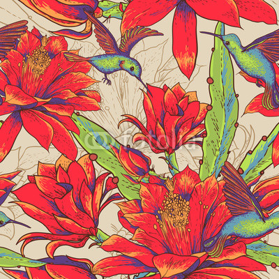 Seamless background flowers and hummingbirds