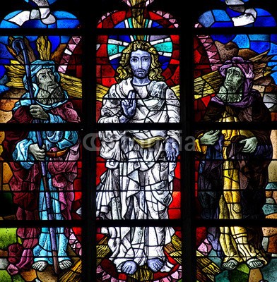 Transfiguration of Jesus in stained glass.