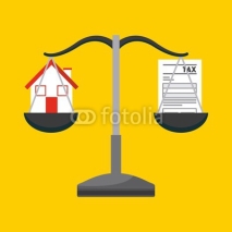 scale with house and tax documents over yellow background. tax design. vector illustration