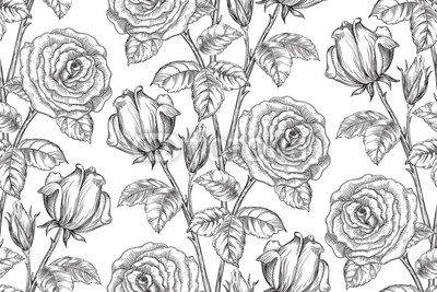 Vintage floral background. Vector ornate seamless  pattern with roses and leaves at engraving style