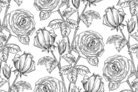 Naklejki Vintage floral background. Vector ornate seamless  pattern with roses and leaves at engraving style