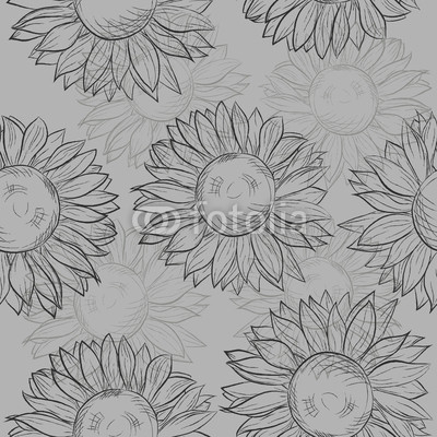 seamless pattern, sunflowers. Abstract gray, black and white.