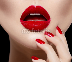 Obrazy i plakaty Red Sexy Lips and Nails closeup. Manicure and Makeup