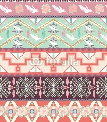 Seamless pastel aztec pattern with birds and roses