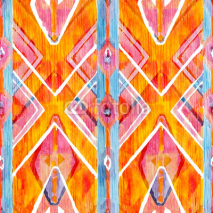 Ikat geometric red and orange authentic pattern in watercolour style. Watercolor seamless  .