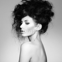 Naklejki Black and white photo of beautiful woman with magnificent hair