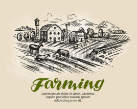 Farm sketch. Agriculture, farming vector illustration
