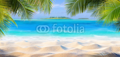Tropical Sand With Palm Leaves And Paradise Island 
