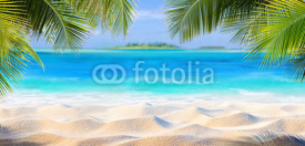 Fototapety Tropical Sand With Palm Leaves And Paradise Island 
