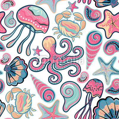 Vector hand drawn seamless pattern with jellyfish, shells, starfish, octopus and crabs. Ocean background
