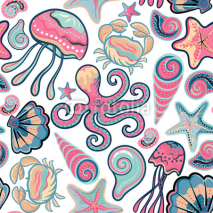 Fototapety Vector hand drawn seamless pattern with jellyfish, shells, starfish, octopus and crabs. Ocean background