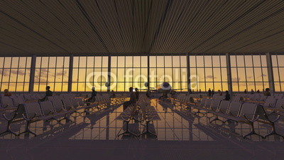 Animation of modern airport terminal with white seats and a huge viewing glass facade. Passengers waiting to embark. Beautiful sunrise on the background.