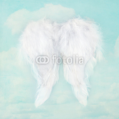 White angel wings on textured sky background