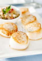 Naklejki seared scallops with a spicy vegetable dip