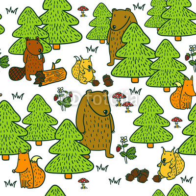 Cute pattern with cartoon forest animals