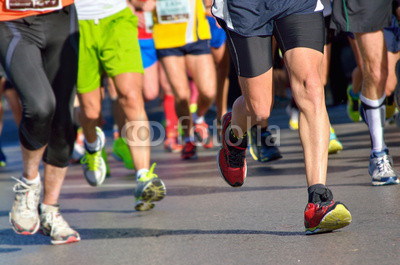 Marathon running race, people feet on road