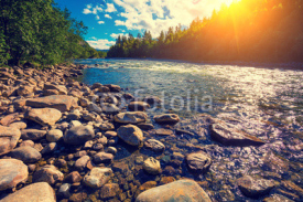 Fototapety Mountain valley with the river in evening. Beautiful nature Norway