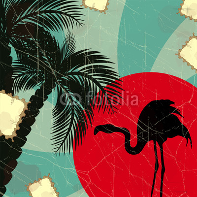retro blue tropical background with flamingo