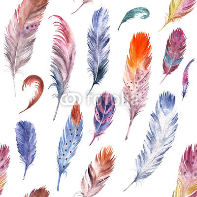 Colorful watercolor feathers pattern. Ethnic hand drawn motif for wrapping, wallpaper, textile