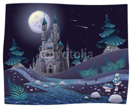 Naklejki Nightly panorama with castle. Cartoon and vector illustration.