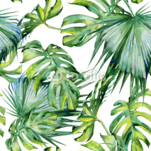 Obrazy i plakaty Seamless watercolor illustration of tropical leaves, dense jungle. Hand painted. Banner with tropic summertime motif may be used as background texture, wrapping paper, textile or wallpaper design.