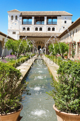 Fountain and gardens in Alhambra palace, Granada, Spain.