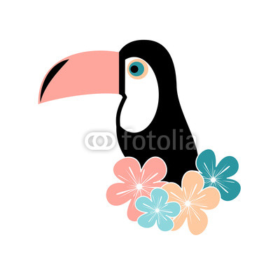 cute tropical flowers and toucan vector illustration isolated on white background