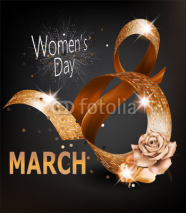 8 March Women's Day greeting card with gold textured eight shaped ribbon, roses and frame. Vector illustration
