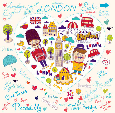 Vector card with London symbols and landmarks