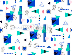 Obrazy i plakaty Seamless geometric pattern in retro 80's. Bright seamless triangles, circles, cubes for the cover, fabric, fashion fabric. Mempship style.
