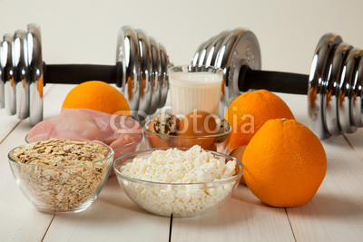 Dumbbells and healthy food