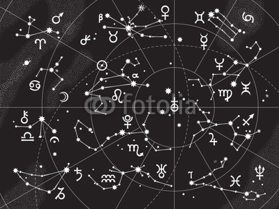 XII Constellations of Zodiac and Its Planets the Sovereigns. Astrological Celestial Chart. 