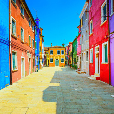 Venice landmark, Burano island street, colorful houses, Italy