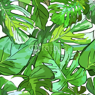 Tropical green palm tree leaves. Vector summer seamless pattern. Hand drawn tropical leaves background. Abstract design for fabric, textile print, wrapping paper or web backgrounds. 