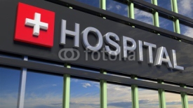 Obrazy i plakaty Hospital building sign closeup, with sky reflecting in the glass.