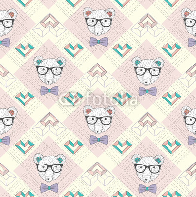 Seamless pattern with hipster polar bear and hearts. Cute backgr