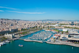 Fototapety Aerial view of the Harbor district in Barcelona, Spain