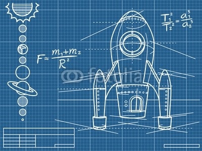 blueprint with spaceship and planets