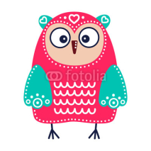 Obrazy i plakaty Cute red owl with green wings. Vector hand drawn flat bird with white ornament. Bright color owl for childish design. Isolated. On white background.