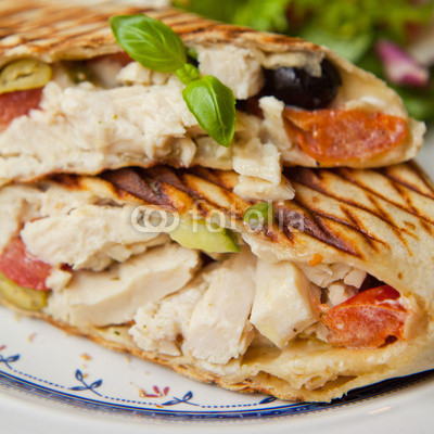 Wrap tortilla chicken olives basil salad tomato