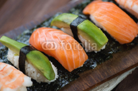 Fototapety Close-up of sushi with salmon, shrimp and avocado