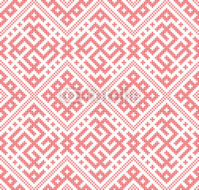 Seamless Russian folk pattern, cross-stitched embroidery imitation. Patterns consist of ancient Slavic amulets. Swatch included in vector file.