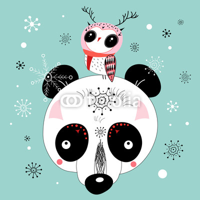 winter postcard of a panda and owl