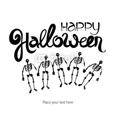 Happy Halloween abstract orange ink lettering. Horror skeletons card template with words. Grunge festive illustration. Holiday vintage background