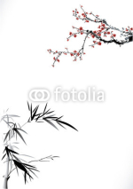 Ilustracja liści bambusa i krzewów wiśni w stylu japońskim