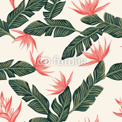 Seamless composition from dark green tropical banana leaves and flowers light yellow background