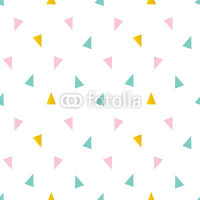 Cute pink, mint green and gold triangle seamless pattern background.