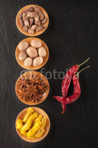 Fototapety Spices in a bowl on a black chalkboard