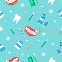 Fototapety Healthy Teeth Dental Seamless Pattern with Smile and Tooth. Vector background